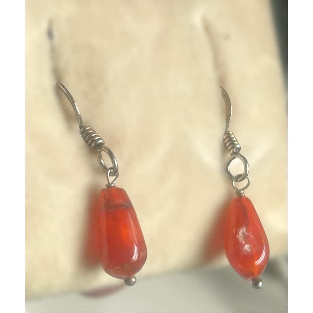 Vintage Carnelian Dangle Earrings Sterling Silver Teardrop Boho Jewelry Artisan - Picture 2 of 9